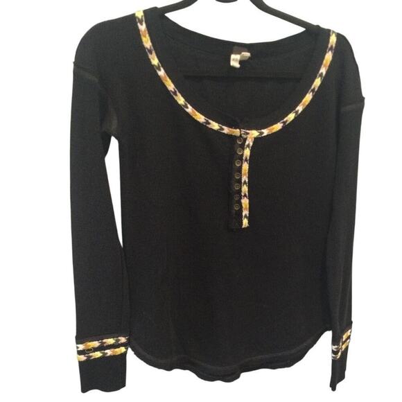 Free People Thermal Shirt Black Waffle Knit Embroidered Y2K Henley Top Size XS - Picture 4 of 13